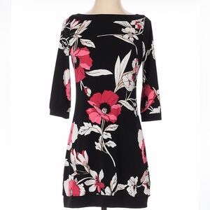 White House Black Market Black Floral Sheath Dress with Pink and White Blooms